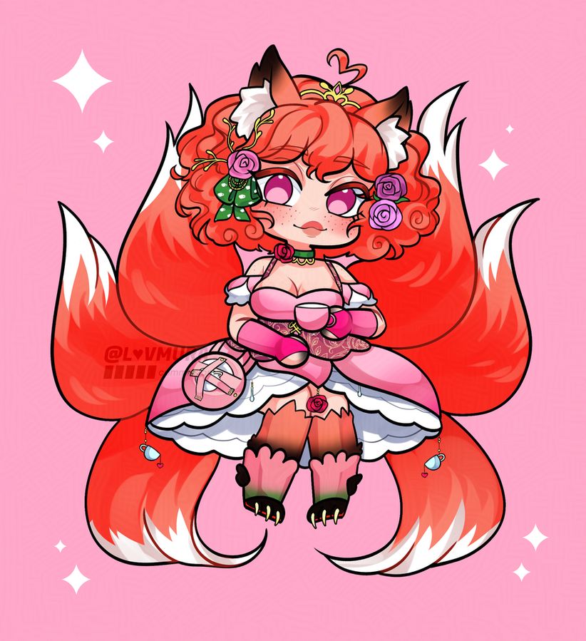 A chibi styled character illustration on a pink background. The character is sitting down, holding a cup of tea in their left hand with 6 fox tails fanned out behind them. Their head is tilted to the right and they are smiling. The character has light skin, curly dead hair, pink eyes, and freckles. They have pointed fox ears which fade to black at the tips. They are wearing a layered pink dress with several rose decorations and gold patterning, pink gloves and socks, and a green choker with matching green hair ribbon.