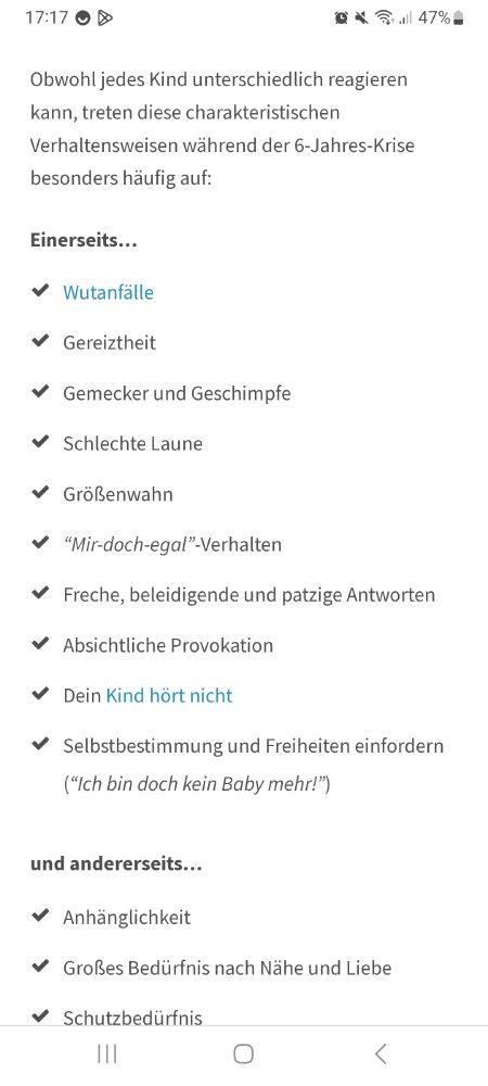 Screenshot einer Internetseite zur Wackelzahnpubertät. Darauf zu sehen sind mögliche Anzeichen wie, Kind hört nicht, Provokation, Freche Antworten, mir-doch-egal-Verhalten, Größenwahn, schlechte Laune, Gemecker und Wutanfälle