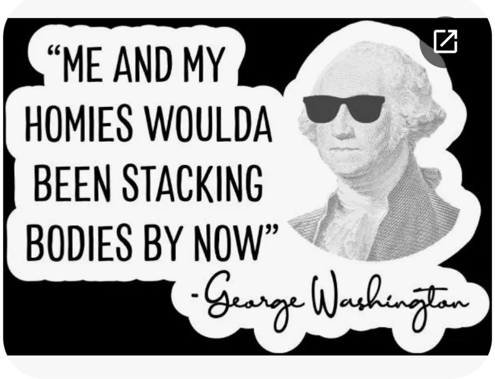 Illustration of President George Washington wearing sunglasses w text, “Me and my homies woulda been stacking bodies by now.” W his signature in cursive beneath as if it’s an actual quote. 