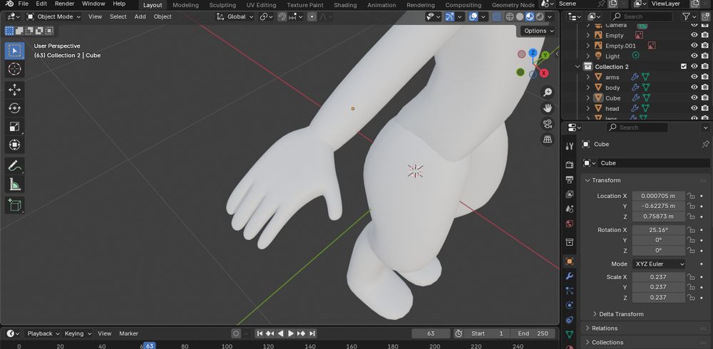 screenshot of the 3d modelling app blender close up on a hand 