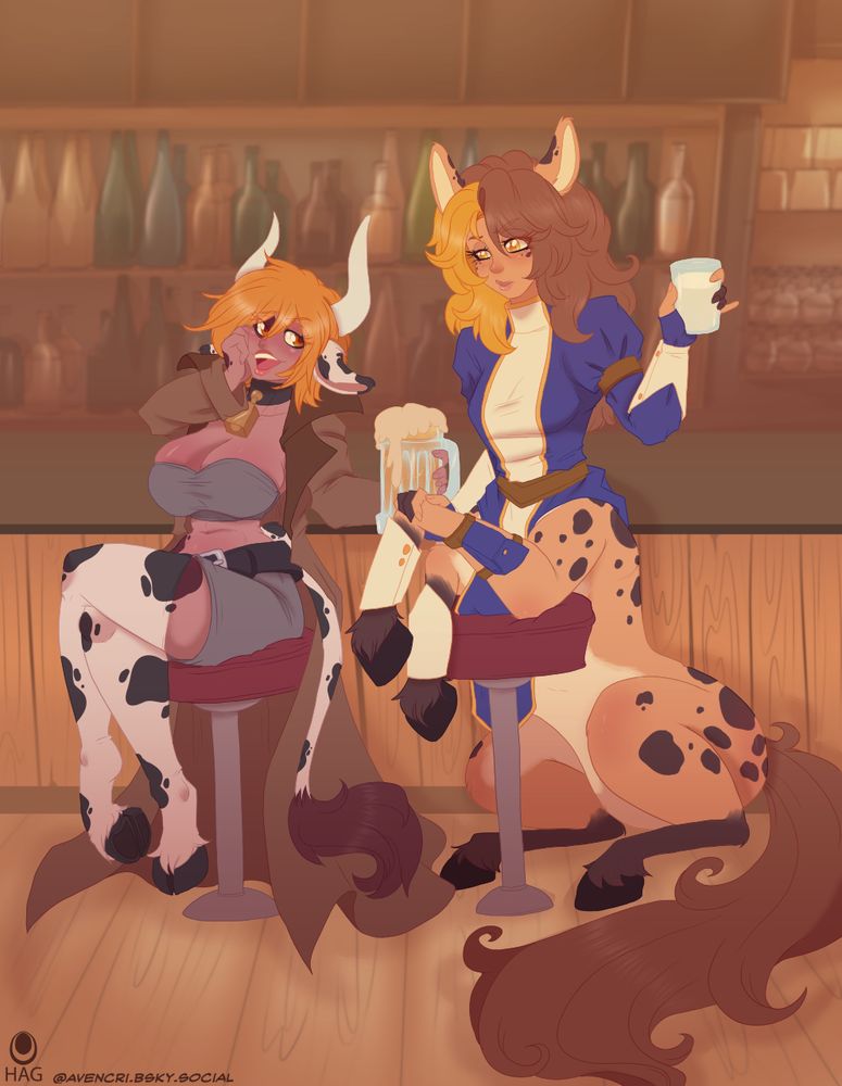 A woman with cow features in a duster coat is holding a mug of ale while flirting with a centaur woman.  The latter is sitting with her front legs propped up on a bar stool holding a glass of milk and looking skeptical.