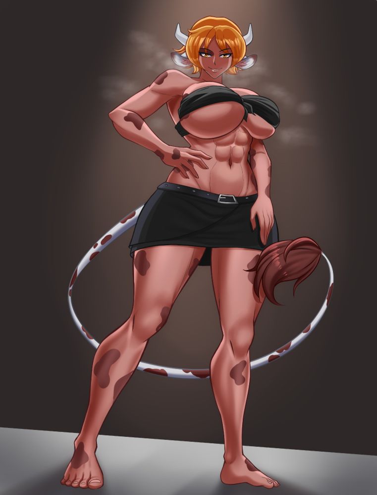 A cow woman standing above the viewer wearing a short black skirt and tied top.