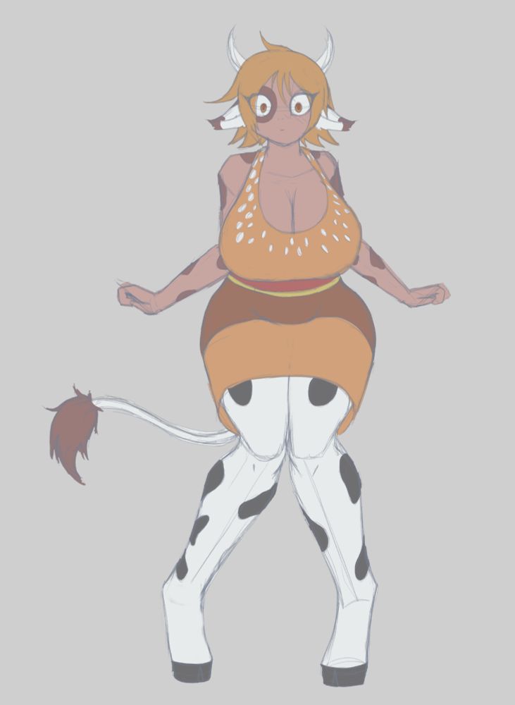 Cow girl wearing a dress with a hamburger pattern.