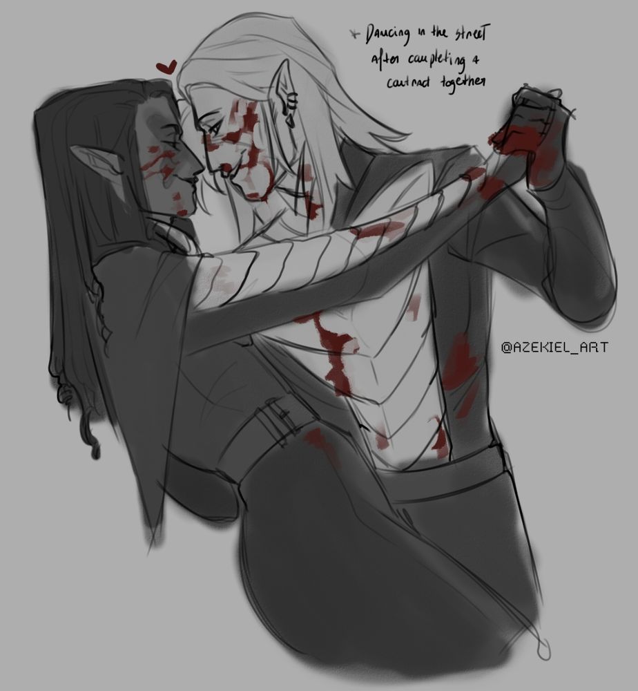 My oc, Crow Assassin on the right side
Friend oc, spy master, left side (@donquixotte.bsky.social)

Stained with a bit of blood, they dance lovingly together 