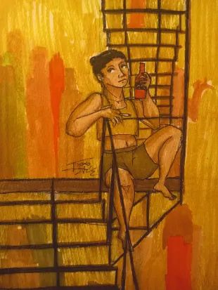 a stylized drawing of a young man in a cropped yellow singlet and dark yellow shorts sitting on the edge of a steel fire escape, facing the viewer. the stairs of the fire escape are drawn simplistically, and the young man leans slightly on the railing. In his left hand is an unmarked orange bottle, and in his right is an unlit cigarette. he is barefoot, and his legs hang over the fire escape. behind him, vague human shapes meander but do not take up any space. The young man looks into the distance. the entire drawing is colored in various shades of yellow, tan, and orange. 