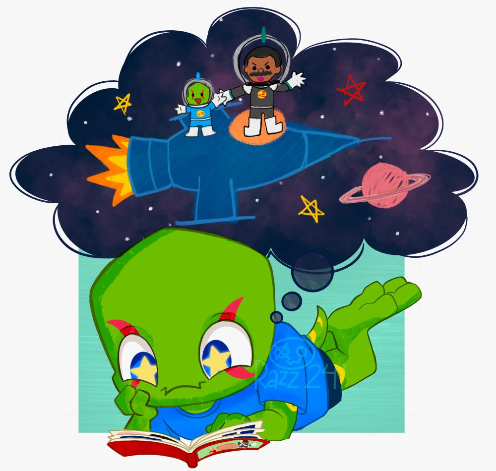 Little Leo reading a Jupiter Jim comic and imagining himself flying with JJ across space!