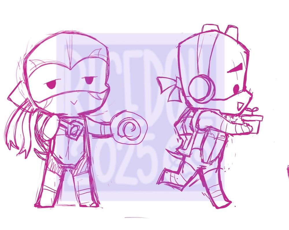 Leo holding a shovel and a fossil, Donnie is running with a plant.