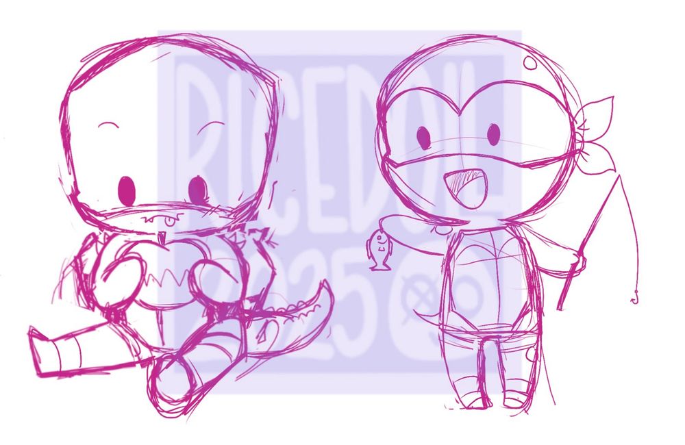 Raph is about to enjoy an apple, and Mikey just caught a bitterling!