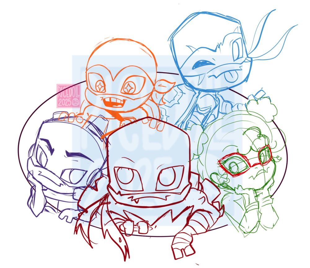 Bottom row, left to right: Donnie, Raph, April
Top row, left to right: Mikey, Leo

All drawn in chibi style.
