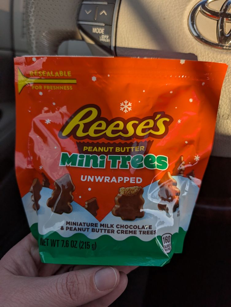 A package of Reese's mini, unwrapped trees. Oh, the chocolatey, peanut buttery goodness!