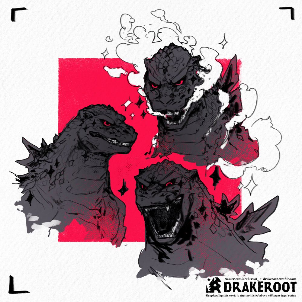 collage of 3 illustrated headshots of heisei godzilla on a white paper background with a neon red accent square in the center