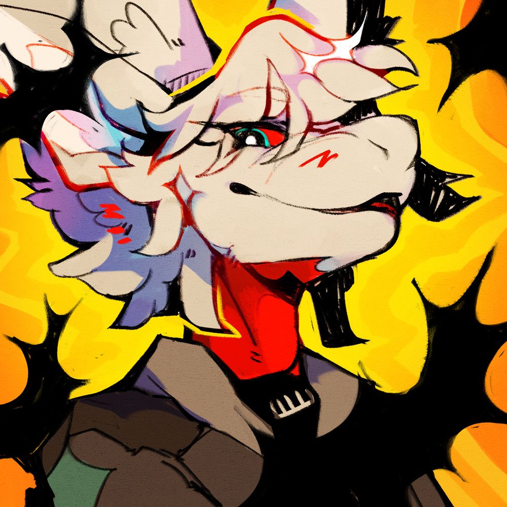 a tan anthro dragon with red eyes and a red throat in a brown bomber jacket. they are over a yellow background with abstract black shapes overlayed across the icon