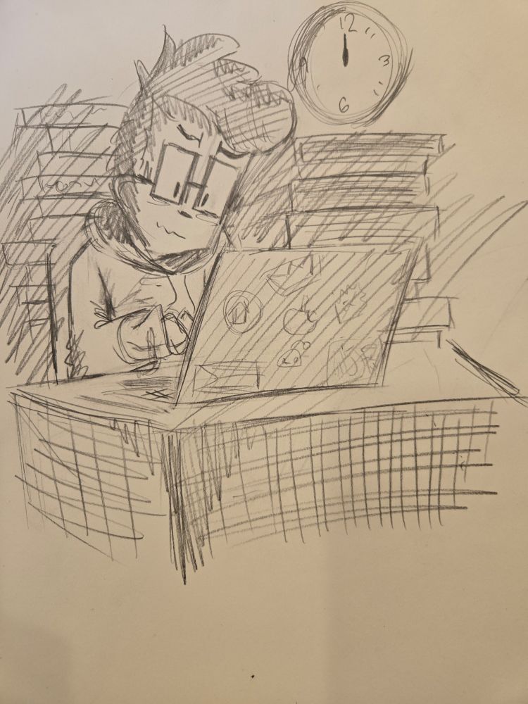 Carl, with a panicked expression, types out an essay in the dead of night