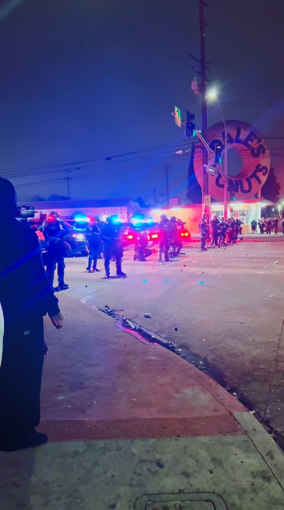 Line of law law enforcement in riot gear standing side by side along a crosswalk. Behind them are their vehicles with flashing red and blue lights. On the corner across the street stands a huge donut shaped sign over a Dale's Donuts (Compton, LA).
Screenshot from TikTok feed by @mr.tacovato ~1:15AM PDT.