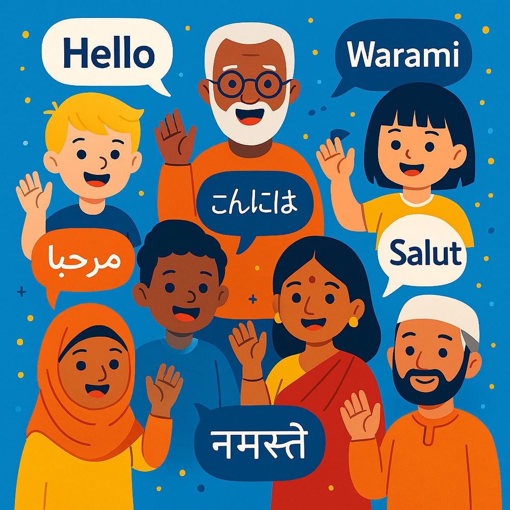 Seven people of different ages and cultural backgrounds say hello in different languages