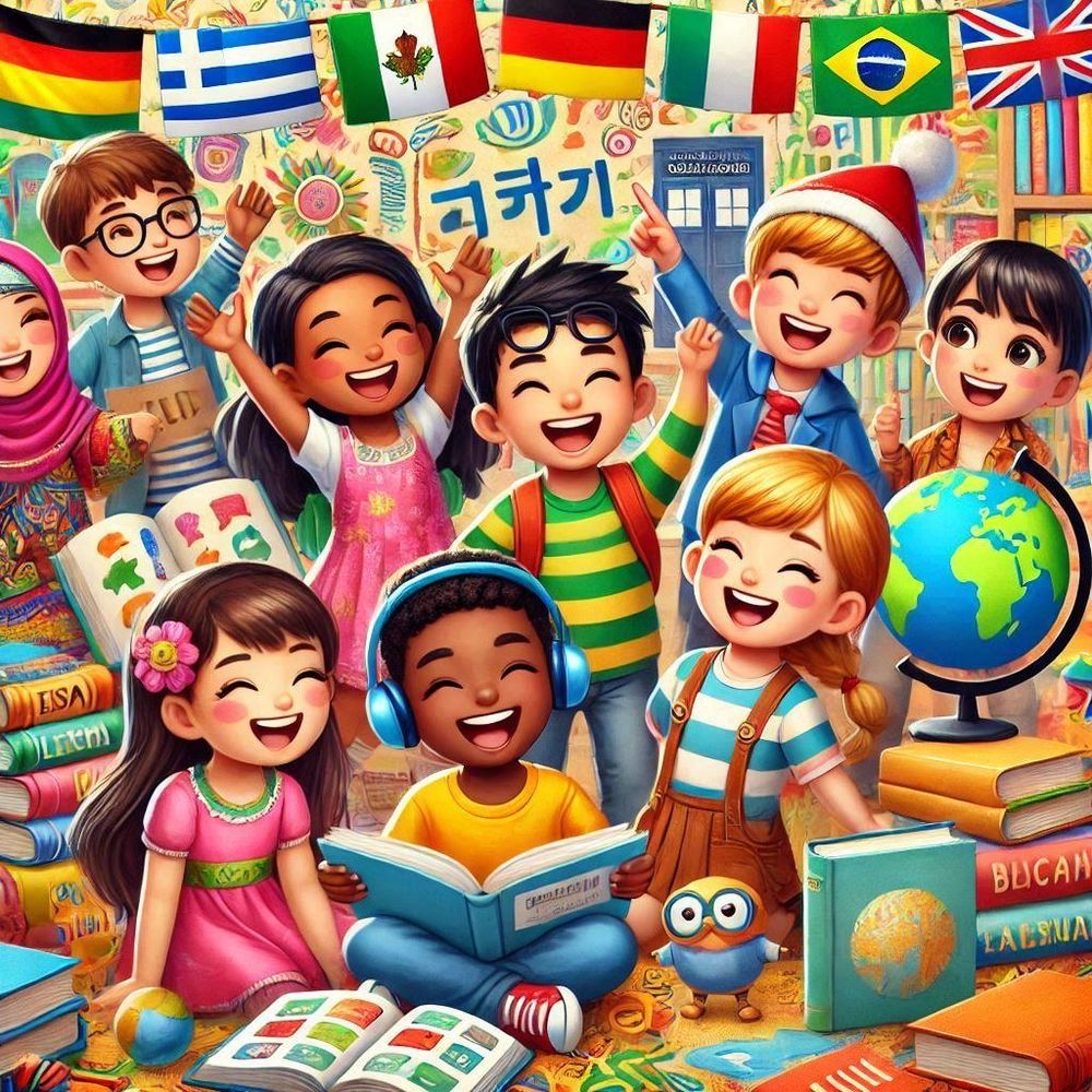 An AI generated illustration of 9 smiling children from all over the world. They stand in a group under flags of many countries