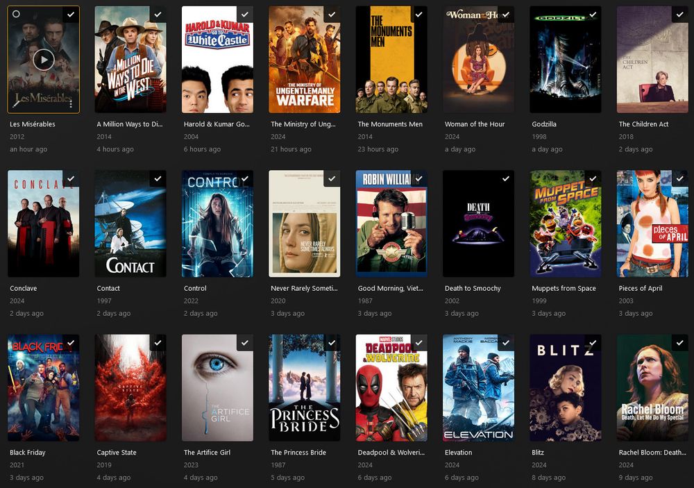 Les Miserables, A Million Ways to Die in the West, Harold & Kumar go to White Castle, The Ministry of Ungentlemanly Warfare, The Monuments Men, Woman of the Hour, Godzilla (1998), The Children Act, Conclave, Contact, Control, Never Rarely Sometimes Always, Good Morning Vietnam, Death to Smoochy, Muppets from Space, Pieces of April, Black Friday, Captive State, The Artifice Girl, The Princess Bride, Deadpool & Wolverine, Elevation, Blitz, Rachel Bloom - Death Let Me Do My Special