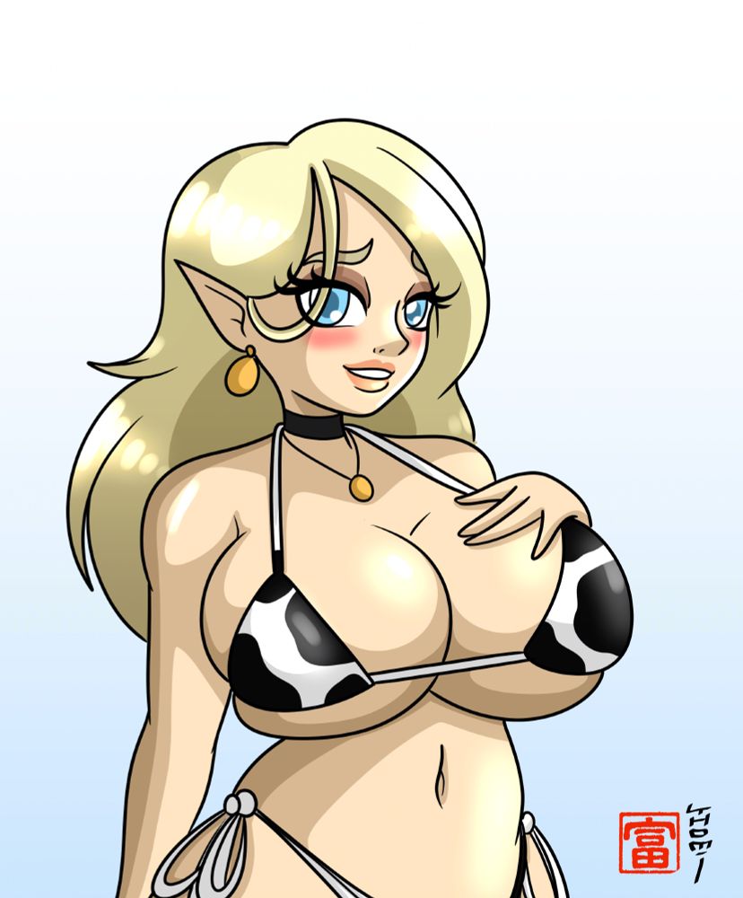 Blushing blond elf with big boobs wearing a cow print bikini