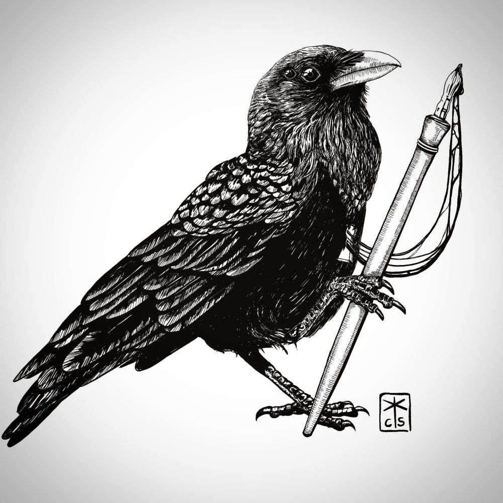 Digital painting: crow with 4 eyes and a nib in its claw. A keyhole in its chest and ink threads come out of the hole