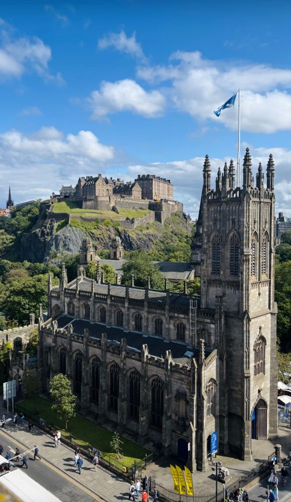 Auld Reekie in all her splendour. St John’s Church and Edinburgh Castle. 