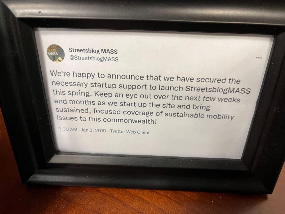Photo of tweet announcing launch of @streetsblogmass.
