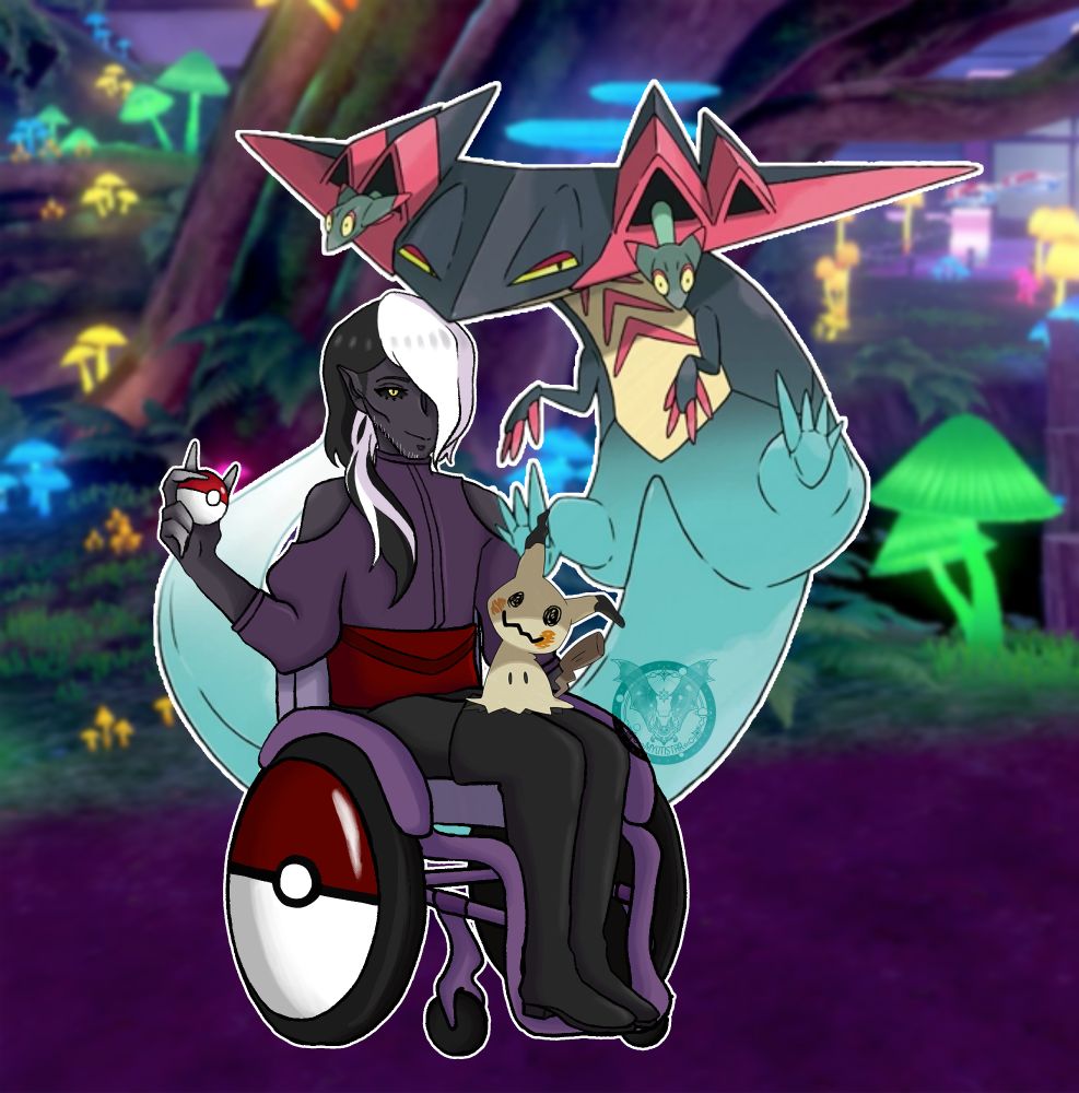 my pathfinder oc zha'akhan in a wheelchair in the pokemon art style, with official art of drapault and mimikyu around him