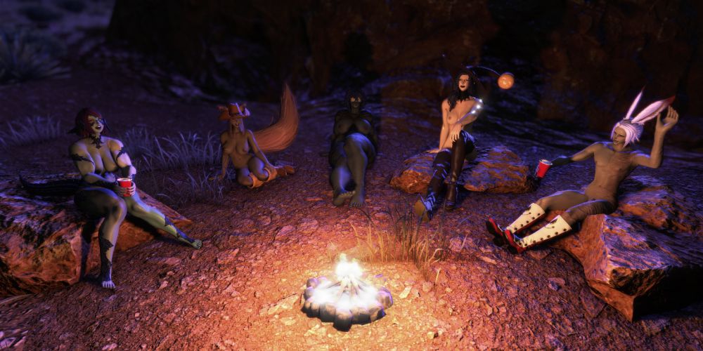 FFXIV characters sitting around a campfire, having a good time exchanging ghost stories.
By this time they've all shed their clothes.
There's Odtsetseg, the Xaela stitched zombie, Yuno, the Miqote cowgirl, Jitome, the Hrothgar mummy, Maylonie, the Elezen witch, and Rayan, the Viera vampire.
