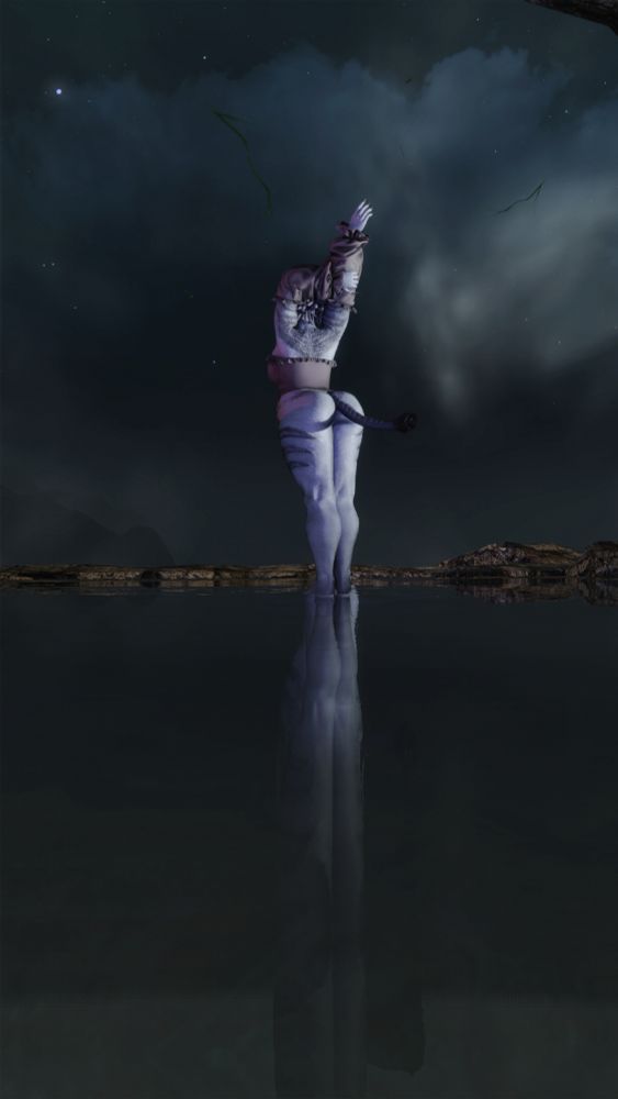 FFXIV Hrothgar character, Jitome, standing on top of a pool, her reflection mirroring her stretch.