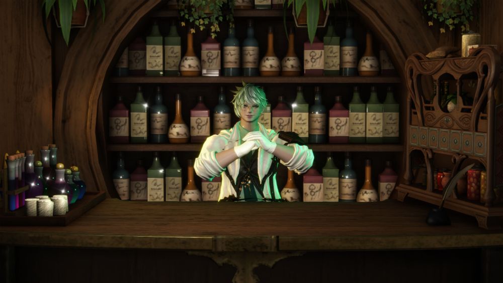 FFXIV character, Mamani Mani, sitting in her apothecary, looking determined to find the perfect remedy for whatever ails her patients.
There's a rack of bottles behind, to the left, and to the right of her, all crafted personally.