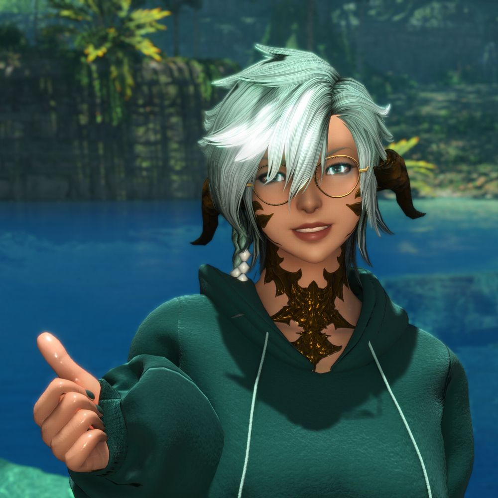 FFXIV Au ra character, Mamani Mani, throwing a thumbs up after spending the month as a Roegadyn.