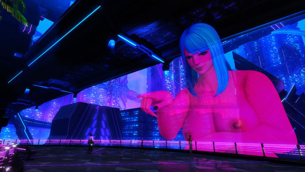 FFXIV scene in Solution Nine. 
A Viera is standing on a walkway, looking up at the giant, holographic projection of a naked magenta-skinned Roegadyn with neon blue hair. 
She's pointing down at him with a teasing expression on her face.
