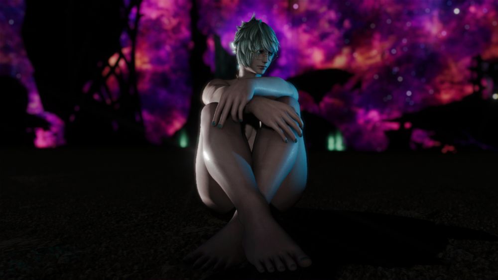 FFXIV character, Mamani Mani, sitting on the ground in Ultima Thule.
She's completely nude and looks despondent.