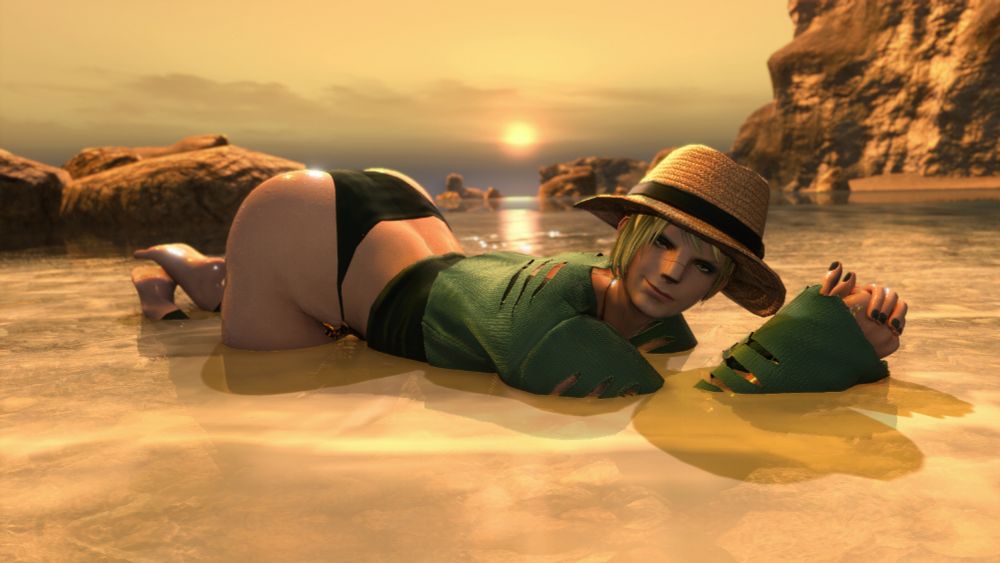 FFXIV character Mamani Mani, in her Roegadyn form, laying prone on a Kholusian beach, sea foam swirling around her, sun setting in the background.