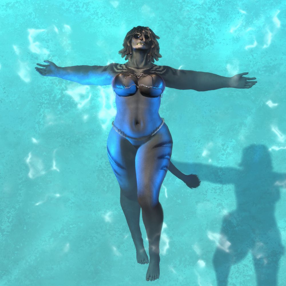 Jitome floating in the middle of the water, her face serene as her head tilts back, arms spread wide.