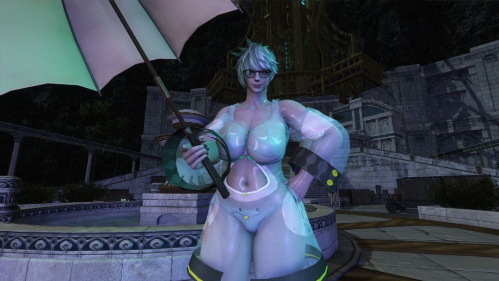 Mamani handing the viewer the umbrella, but now she's wearing a semi-transparent frog coat.