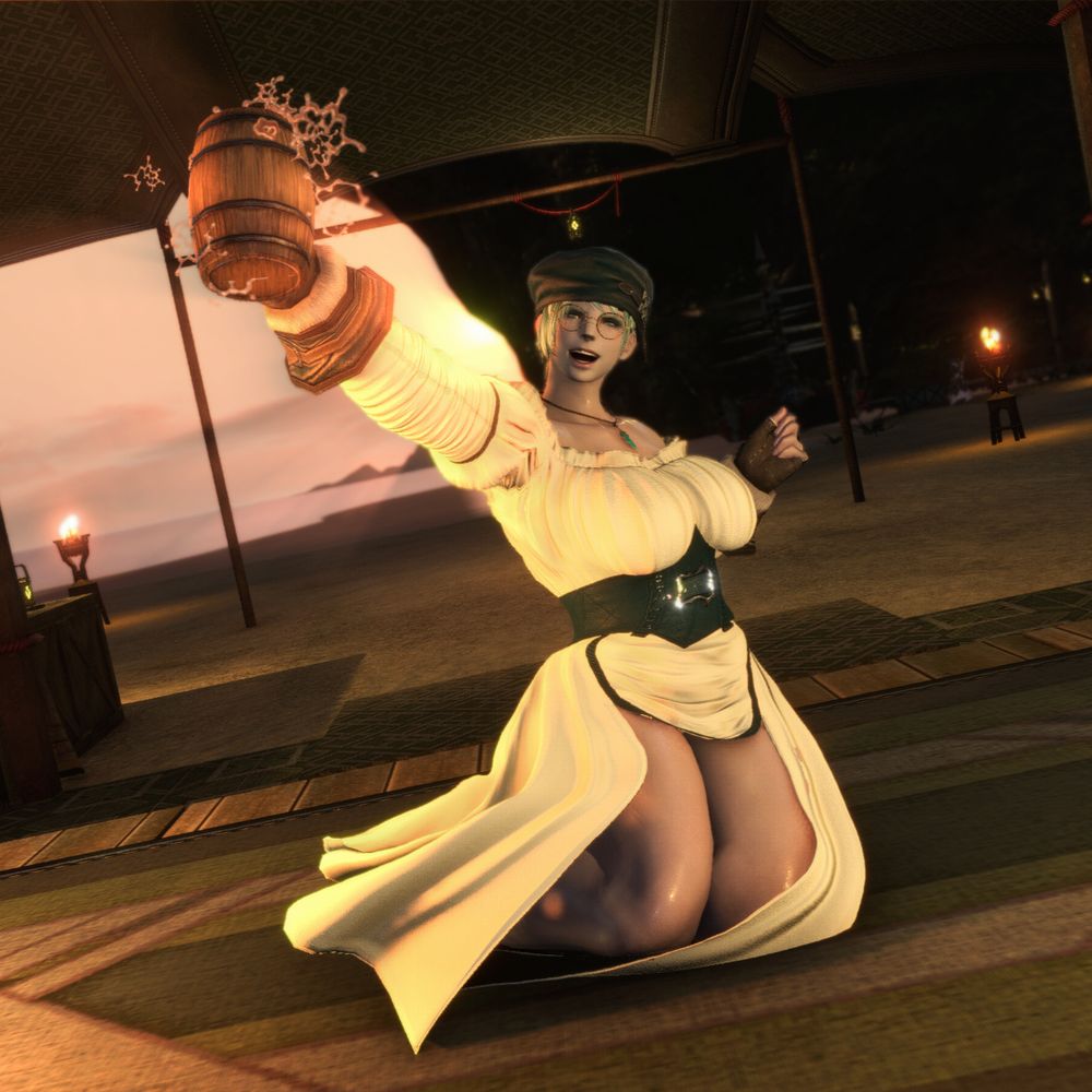 FFXIV character, Mamani Mani, celebrating the end of the war with a pint!
She's sitting on top of a table in base camp, wearing a nice dress, and her military cap.