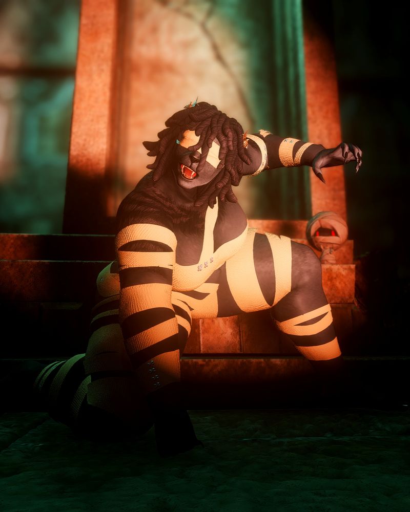 But ho, she wasn't dead at all! She leaps out of the sarcophagus, claws out, snarling at the adventurers to give her the waters she'll need to be restored to her former glory!