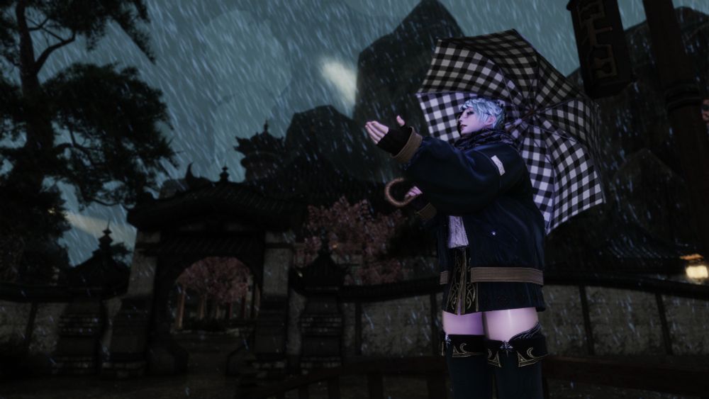 FFXIV character, Mamani Mani, standing outside in the rain. She's holding out one hand to check the abysmal weather, and the other holds an umbrella.