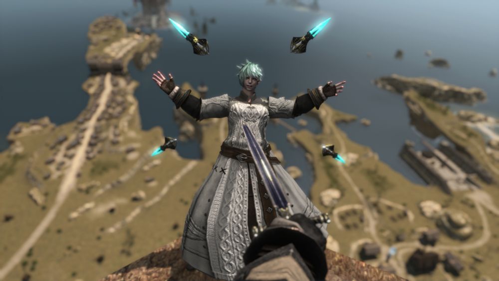 FFXIV character, Mamani Mani, teetering on the edge of a cliff, menaced by a sword.