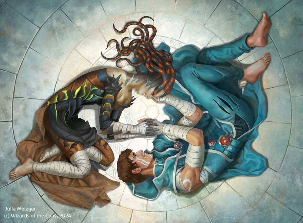 Jace and Vraska, two characters from MtG.  She has snakes on her head.  He is a total nerd. They look, uh, happy?