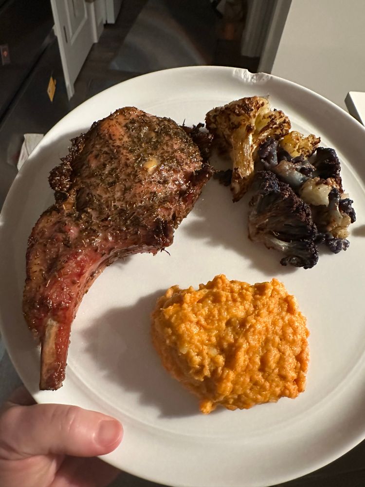 One of the rib chops with roasted cauliflower and sweet potato mash. 