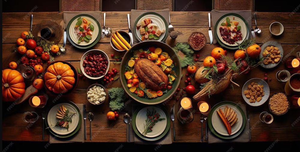 An AI generated image of a "Thanksgiving Table" with a bunch of weird stuff at the table.