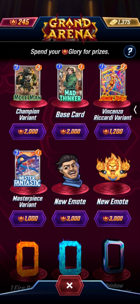 The marvel snap "grand arena" event store, with Dr Reed Richards emote in the centre. It looks like a familiar meme. 