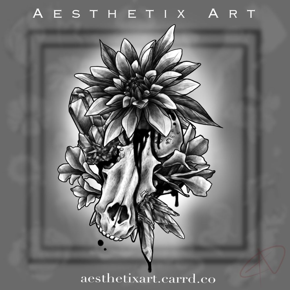 Black and gray tattoo design of a wild dog skull with multiple flowers and crystals growing out of it and black sludge dripping out of the head down the face