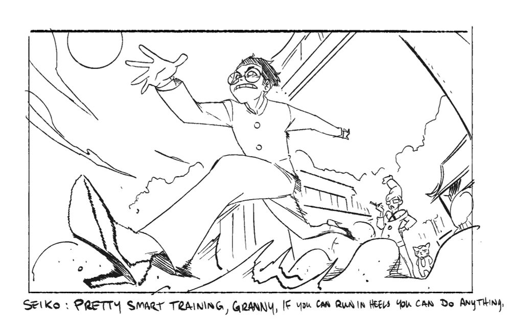 Okarun in his school uniform running at the Ayase house in high heels. Seiko and turbo granny watch from by the shrine. 