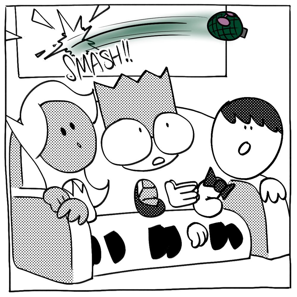SMASH! A Dimension Portal Grenade breaks through a window behind the trio, the grenade being drawn with a different brush and is in full colour. It leaves a green streak as it flies through the air. Nerdy, Tim and Lilac look at it, amazed