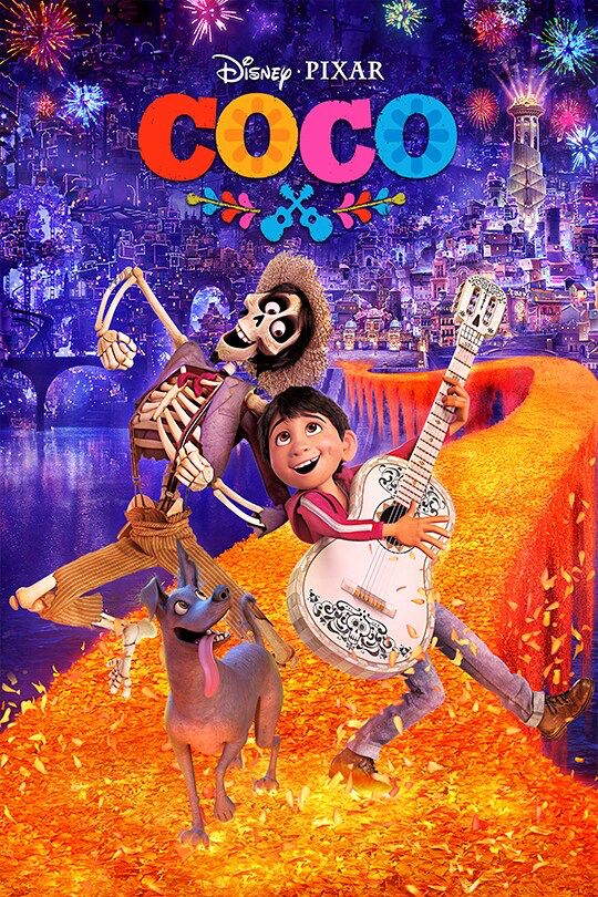 The cover of the Disney /Pixar movie Coco. It shows Miguel and Hector singing together with Dante on the Marigold bridge.