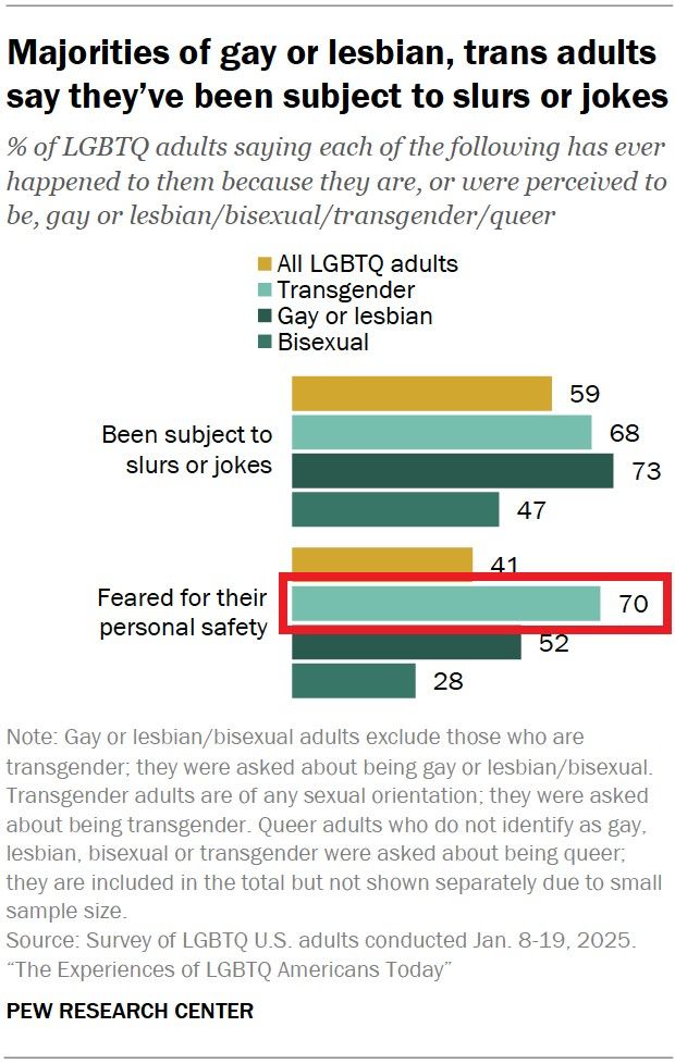 Bar chart showing the percentage of LGBTQ adults in the United States who say they've been subject to slurs or jokes or feared for their personal safety at some point in their lives. The chart shows these experiences among LGBTQ adults overall, as well as among those who are transgender, gay or lesbian, or bisexual. The findings come from a January 2025 Pew Research Center survey of LGBTQ adults.