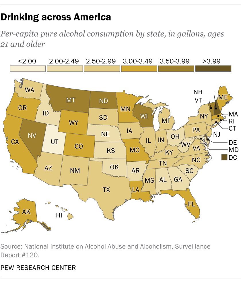 Map of the United States showing per-capita alcohol consumption by state.