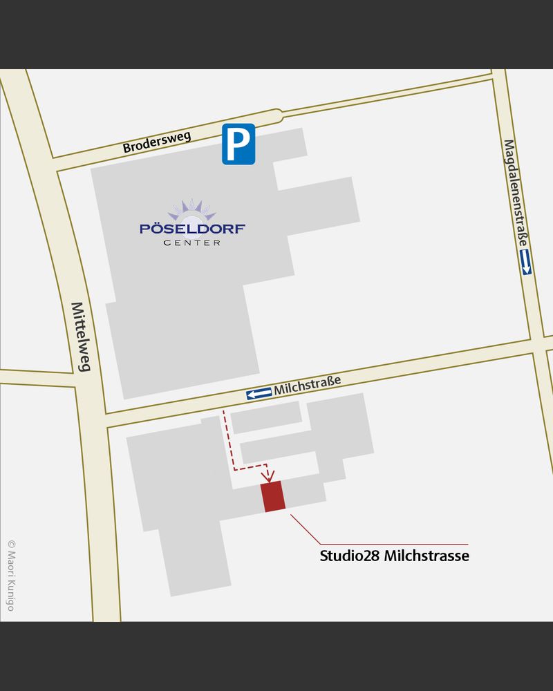 Wegbeschreibung zur Galerie. Die Galerie liegt in der Milchstraße in Hamburg gegenüber vom Pöseldorf-Center in einem Hinterhof. Zugang über die Milchstraße.